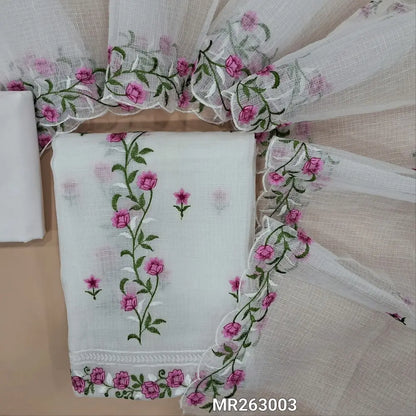 PREORDER : SHIPPING AFTER 10 DAYS White premium kota unstitched salwar material,panel design,rich embroidery, embroidered daman (Lining Needed)matching cotton bottom,rich embroidery work on full length kota dupatta with scallop edges. MR263003