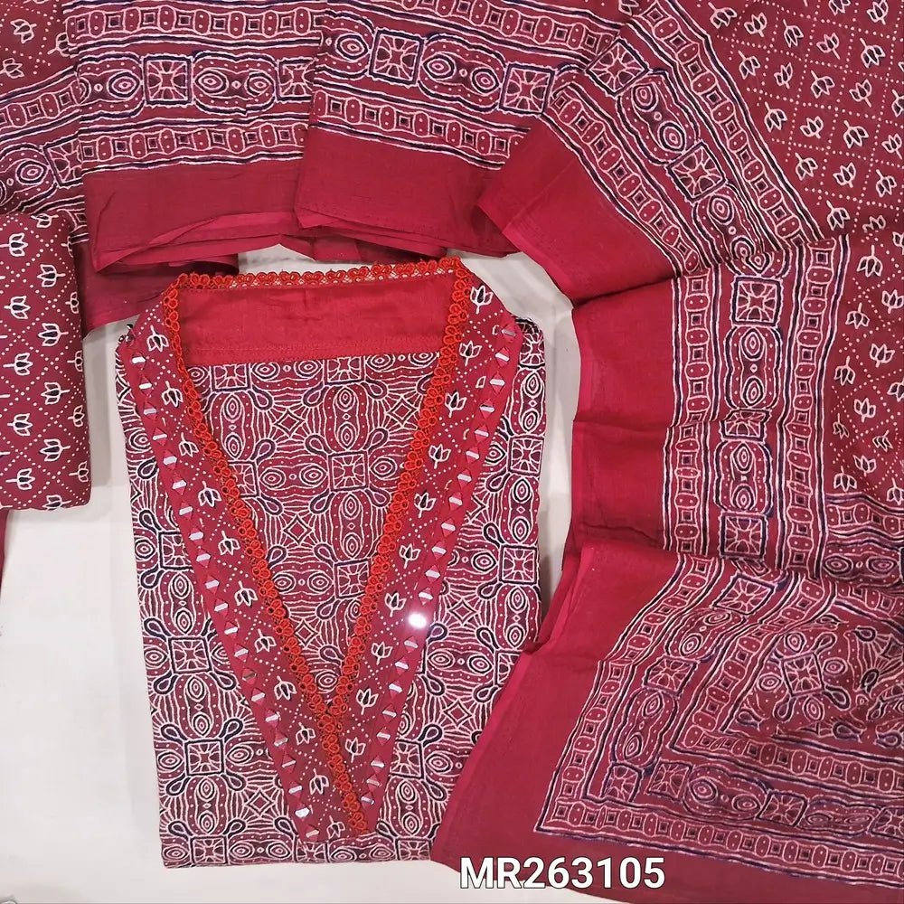 Reddish maroon base ajrak hand block printed pure cotton unstitched salwar material,collared neck with real mirror(lining optional)printed cotton bottom,printed full length mul cotton dupatta. MR263105