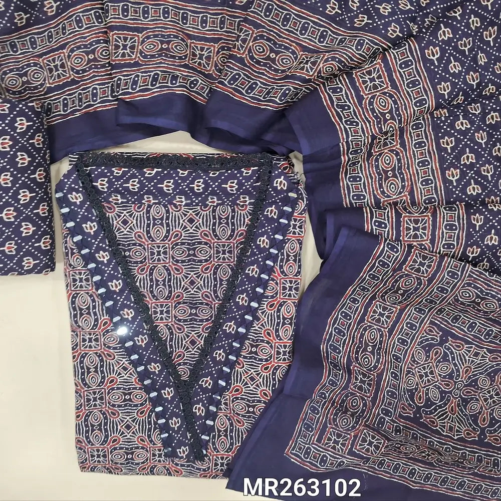 Dark blue base ajrak hand block printed pure cotton unstitched salwar material,collared neck with real mirror(lining optional)printed cotton bottom,printed full length mul cotton dupatta. MR263102