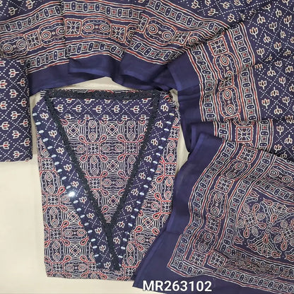 Dark blue base ajrak hand block printed pure cotton unstitched salwar material,collared neck with real mirror(lining optional)printed cotton bottom,printed full length mul cotton dupatta. MR263102
