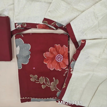 Dark reddish maroon floral printed satin cotton unstitched salwar material, faux mirror work on front(lining optional)cotton bottom,applique work on soft silk cotton dupatta. MR263119