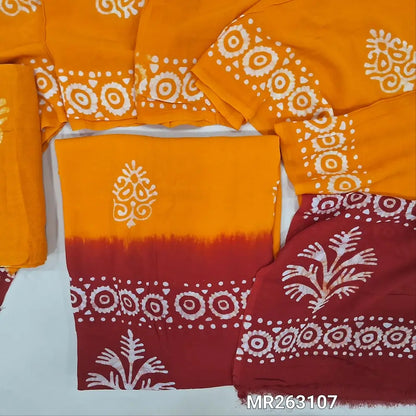 Bright mango yellow & reddish maroon wax batik pure crepe georgette unstitched salwar material, (lining needed) batik dyed santoon bottom,dual shaded wax batik dyed pure crepe georgette dupatta(TAPPING NEEDED). MR263107