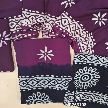Beetroot purple & black wax batik pure crepe georgette unstitched salwar material, (lining needed) batik dyed santoon bottom,dual shaded wax batik dyed pure crepe georgette dupatta(TAPPING NEEDED). MR263108