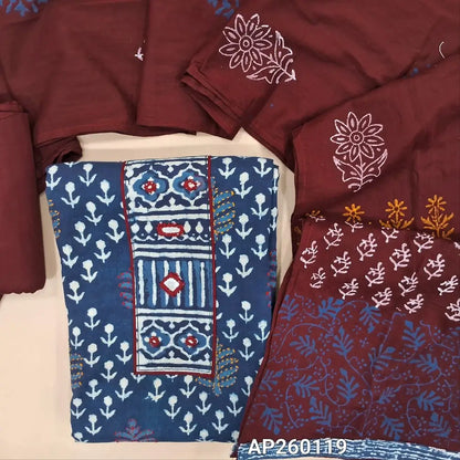 Indigo blue hand block printed pure cotton unstitched salwar material, real mirror work on yoke, mirror and kantha stitch work on front,(lining needed) maroon cotton bottom, hand block printed pure cotton dupatta. AP260119