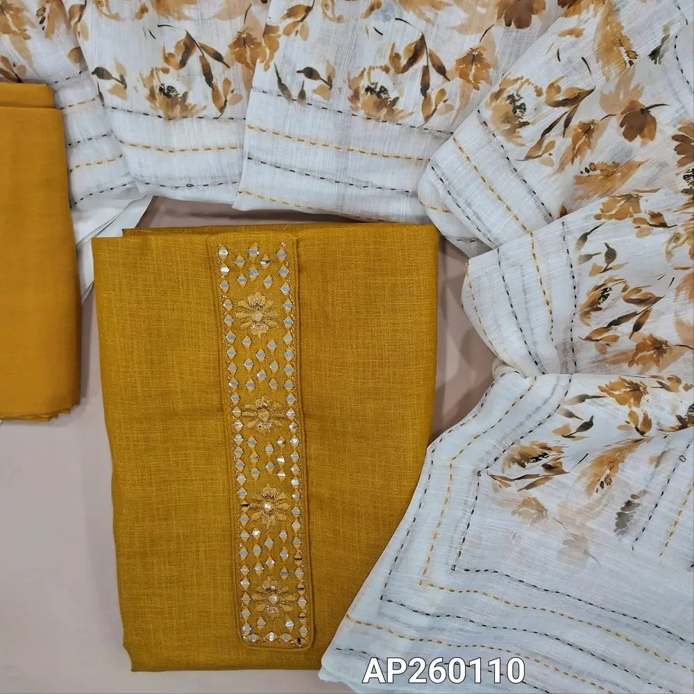 Mehandhi yellow semi linen unstitched salwar material real mirror and thread embroidery on yoke,(textured, lining optional)santoon bottom, floral printed and kantha stitch work on semi linen dupatta. AP260110