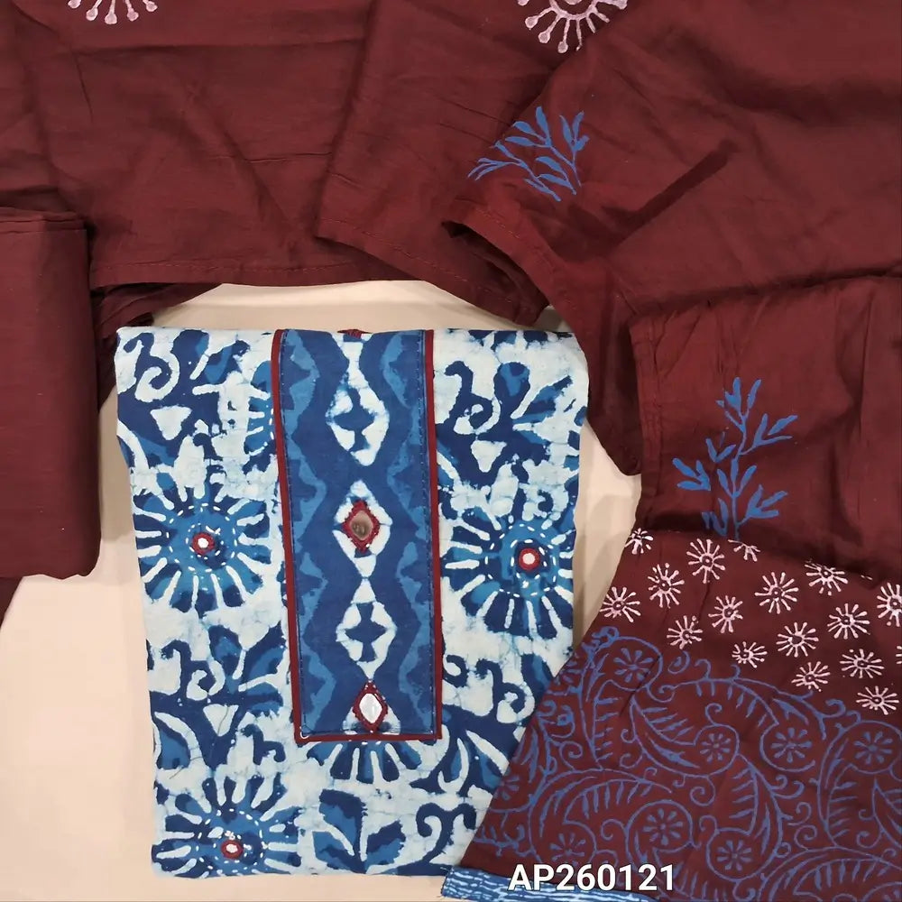 Indigo blue hand block printed pure cotton unstitched salwar material, real mirror work on yoke, mirror and kantha stitch work on front,(lining needed) maroon cotton bottom, hand block printed pure cotton dupatta. AP260121