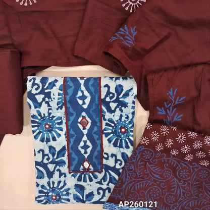 Indigo blue hand block printed pure cotton unstitched salwar material, real mirror work on yoke, mirror and kantha stitch work on front,(lining needed) maroon cotton bottom, hand block printed pure cotton dupatta. AP260121