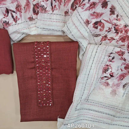 Dark pink semi linen unstitched salwar material real mirror and thread embroidery on yoke,(textured, lining optional)santoon bottom, floral printed and kantha stitch work on semi linen dupatta. AP260109