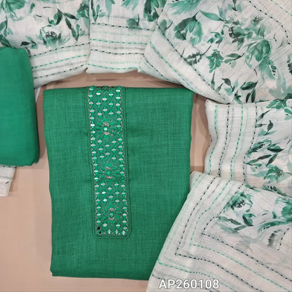 Turquoise green semi linen unstitched salwar material real mirror and thread embroidery on yoke,(textured, lining optional)santoon bottom, floral printed and kantha stitch work on semi linen dupatta. AP260108