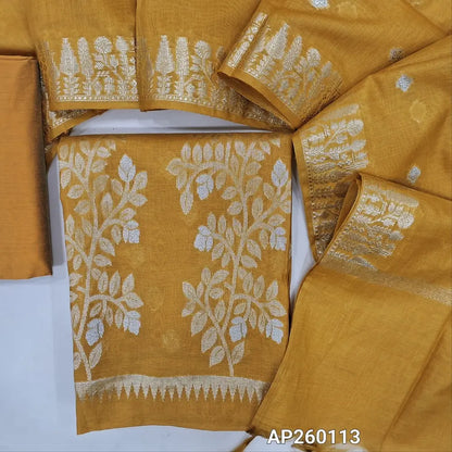 Golden mehandhi yellow silk cotton unstitched salwar material, gold and silver zari weaving all over, rich weaving daman(lining needed)silk cotton bottom,silver and gold zari buttas on soft silk cotton dupatta with gold zari woven borders. AP260113
