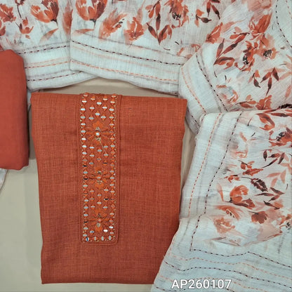Brick red semi linen unstitched salwar material real mirror and thread embroidery on yoke,(textured, lining optional)santoon bottom, floral printed and kantha stitch work on semi linen dupatta. AP260107