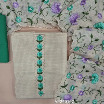 Light beige kota unstitched salwar material, floral embroidery and lace work on yoke(Lining Needed)blue cotton bottom, rich embroidery work on kota dupatta with scallop edges and lace tapping. AP260102