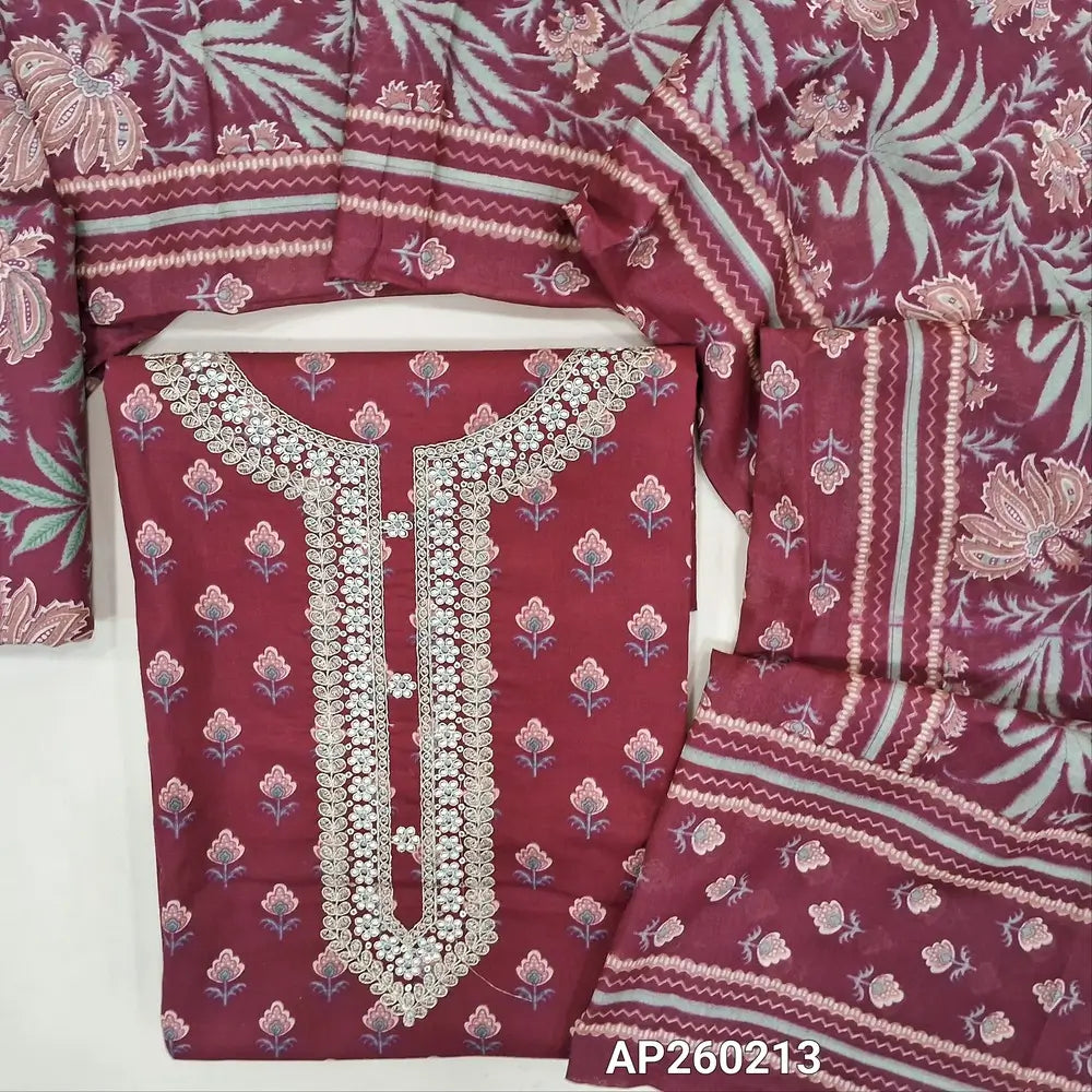 Dark pink premium cotton unstitched salwar material, round neck work on yoke with zari, sequins, floral printed all over,(lining optional) printed cotton bottom, printed pure mul cotton full length dupatta.AP260213