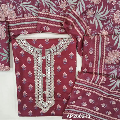 Dark pink premium cotton unstitched salwar material, round neck work on yoke with zari, sequins, floral printed all over,(lining optional) printed cotton bottom, printed pure mul cotton full length dupatta.AP260213