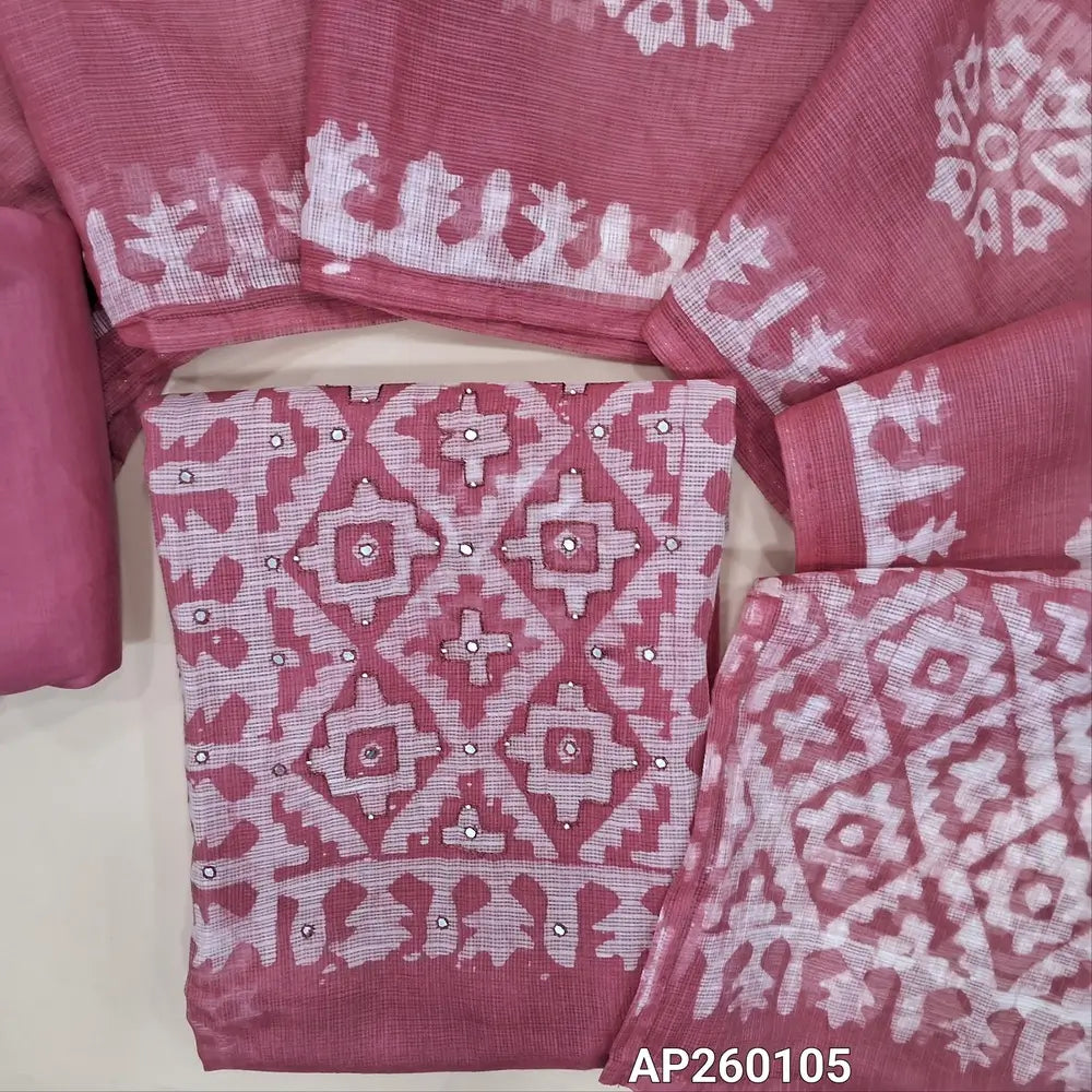 Pastel pink pure kota unstitched salwar material,wax batik yoke with thread and faux mirror,wax batik printed allover,(thin, lining needed)matching silky fabric provided for both bottom and lining, batik design on kota silk cotton dupatta. AP260105