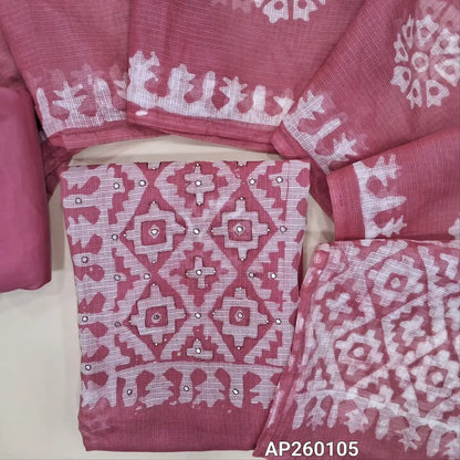 Pastel pink pure kota unstitched salwar material,wax batik yoke with thread and faux mirror,wax batik printed allover,(thin, lining needed)matching silky fabric provided for both bottom and lining, batik design on kota silk cotton dupatta. AP260105