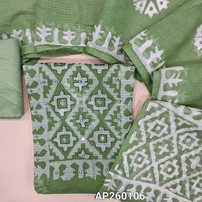 Sage green pure kota unstitched salwar material,wax batik yoke with thread and faux mirror,wax batik printed allover,(thin, lining needed)matching silky fabric provided for both bottom and lining, batik design on kota silk cotton dupatta. AP260106