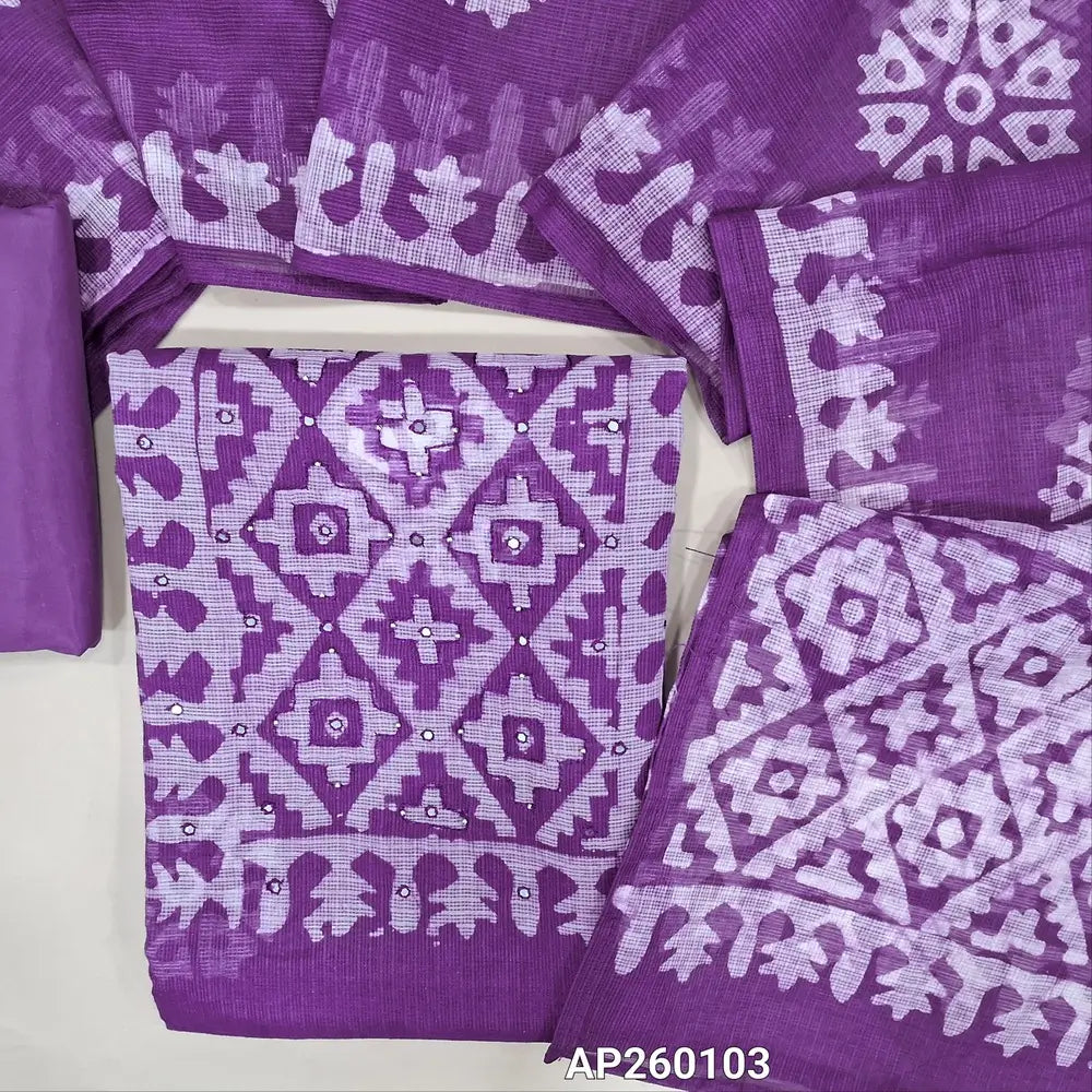 Dark purple pure kota unstitched salwar material,wax batik yoke with thread and faux mirror,wax batik printed allover,(thin, lining needed)matching silky fabric provided for both bottom and lining, batik design on kota silk cotton dupatta. AP260103