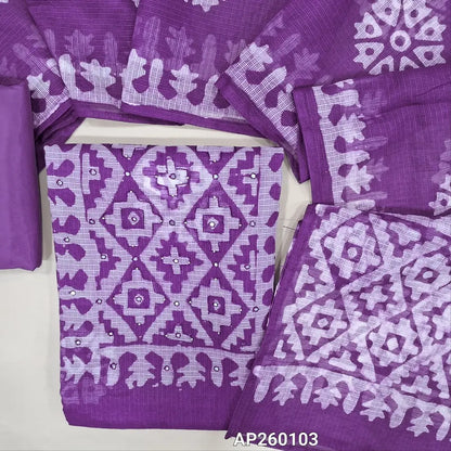 Dark purple pure kota unstitched salwar material,wax batik yoke with thread and faux mirror,wax batik printed allover,(thin, lining needed)matching silky fabric provided for both bottom and lining, batik design on kota silk cotton dupatta. AP260103