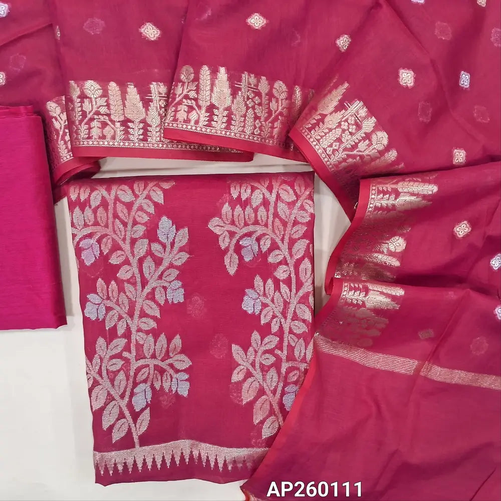 Dark pink silk cotton unstitched salwar material, gold and silver zari weaving all over, rich weaving daman(lining needed)silk cotton bottom,silver and gold zari buttas on soft silk cotton dupatta with gold zari woven borders. AP260111