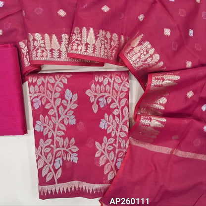 Dark pink silk cotton unstitched salwar material, gold and silver zari weaving all over, rich weaving daman(lining needed)silk cotton bottom,silver and gold zari buttas on soft silk cotton dupatta with gold zari woven borders. AP260111
