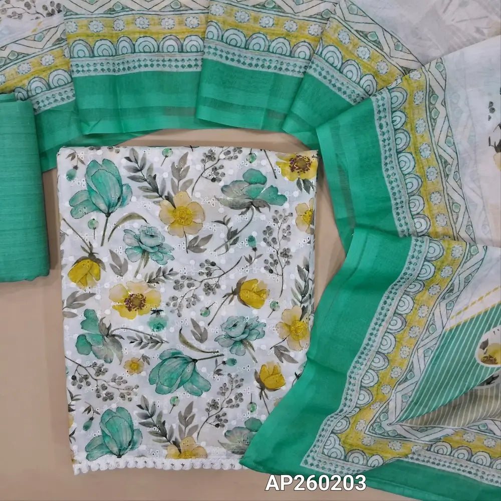 Half white base floral printed glazed cotton unstitched salwar material,self embroidery work on front,(soft ,lining needed)pastel blue printed cotton bottom, digital printed mixed cotton dupatta. AP260203