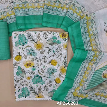 Half white base floral printed glazed cotton unstitched salwar material,self embroidery work on front,(soft ,lining needed)pastel blue printed cotton bottom, digital printed mixed cotton dupatta. AP260203