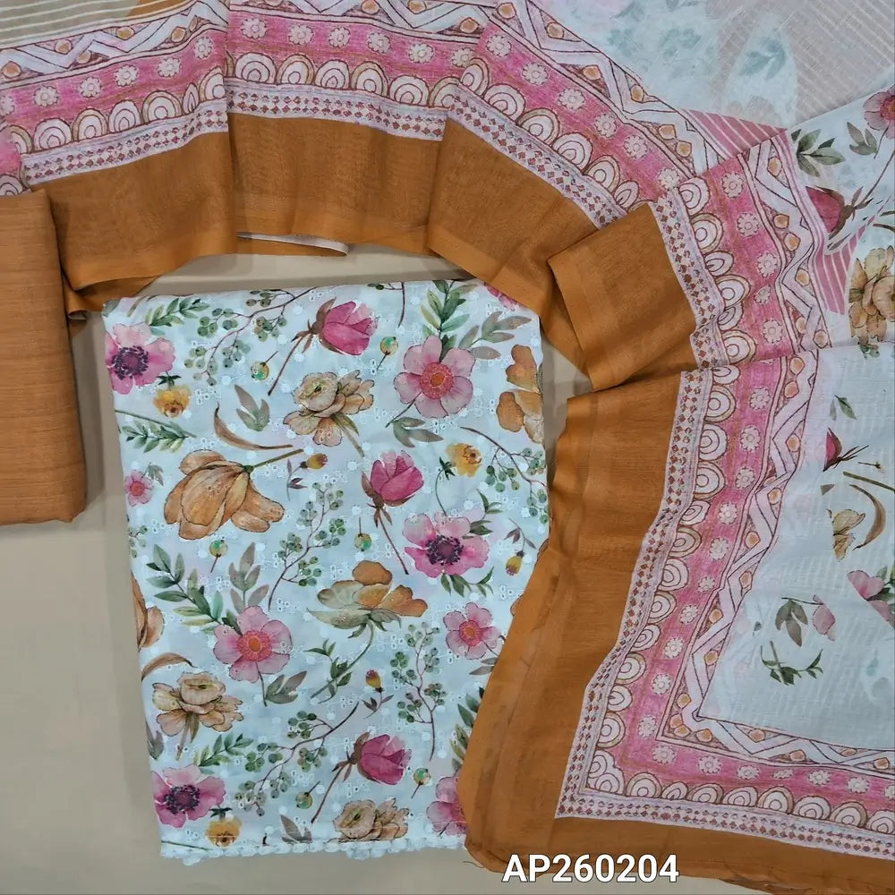 Half white base floral printed glazed cotton unstitched salwar material,self embroidery work on front,(soft ,lining needed)dark peach printed cotton bottom, digital printed mixed cotton dupatta. AP260204