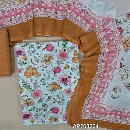 Half white base floral printed glazed cotton unstitched salwar material,self embroidery work on front,(soft ,lining needed)dark peach printed cotton bottom, digital printed mixed cotton dupatta. AP260204