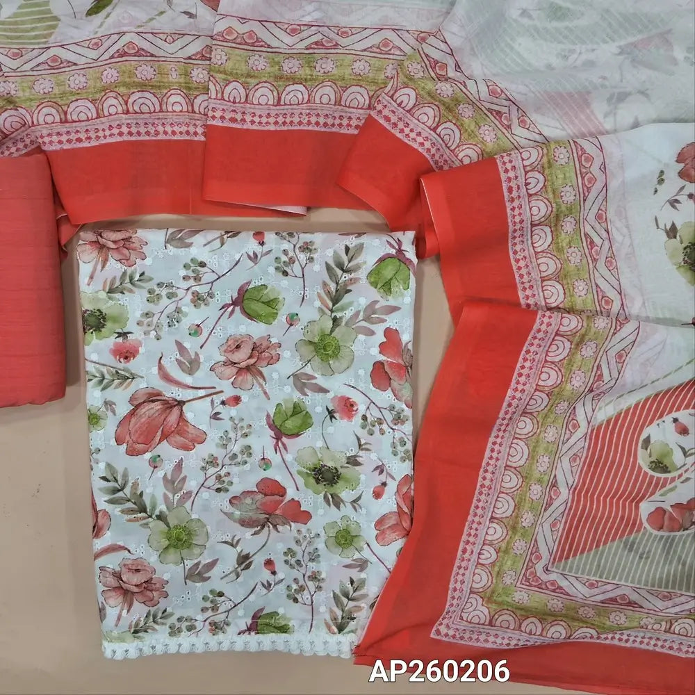 Half white base floral printed glazed cotton unstitched salwar material,self embroidery work on front,(soft ,lining needed)dark peachish pink printed cotton bottom, digital printed mixed cotton dupatta. AP260206
