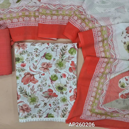 Half white base floral printed glazed cotton unstitched salwar material,self embroidery work on front,(soft ,lining needed)dark peachish pink printed cotton bottom, digital printed mixed cotton dupatta. AP260206