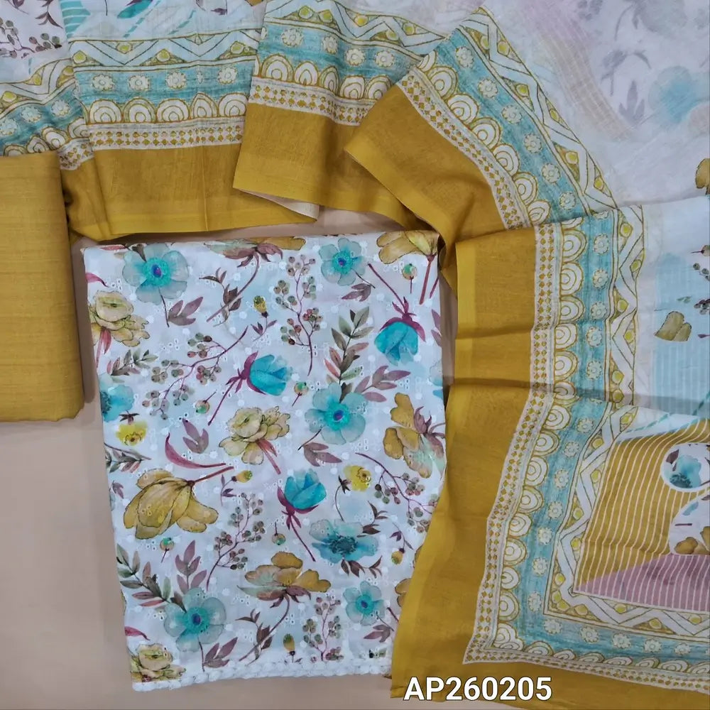 Half white base floral printed glazed cotton unstitched salwar material,self embroidery work on front,(soft ,lining needed)mehandhi yellow printed cotton bottom, digital printed mixed cotton dupatta. AP260205
