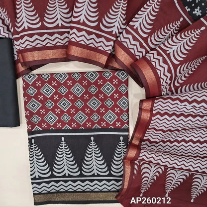 Maroon soft silk cotton unstitched salwar material(lining needed)printed all over,golden tissue border on daman,black cotton bottom, zigzag printed full length soft silk cotton with gold tissue borders (TAPINGS NEEDED). AP260212