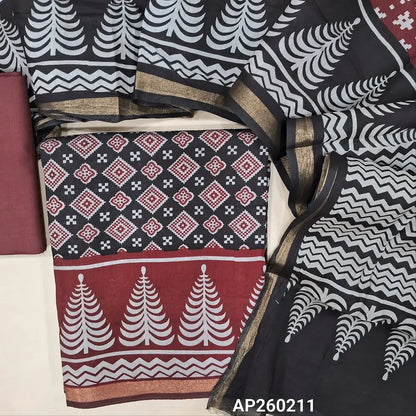 Black base soft silk cotton unstitched salwar material(lining needed)printed all over,golden tissue border on daman,dark maroon cotton bottom, zigzag printed full length soft silk cotton with gold tissue borders (TAPINGS NEEDED). AP260211