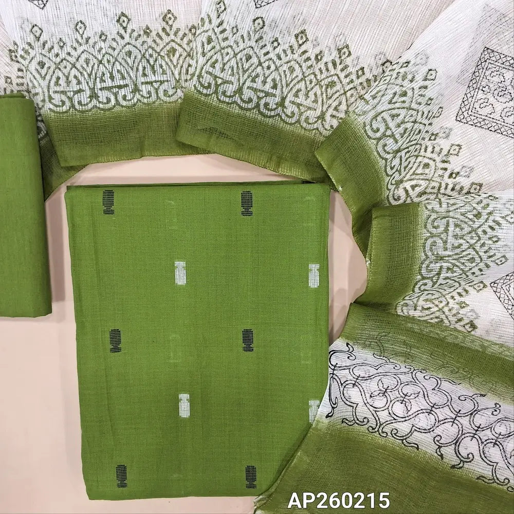 Light leafy green handloom cotton unstitched salwar material, thread buttas all over (lining needed)matching drum dyed cotton fabric for lining, NO BOTTOM,hand block printed fancy kota silk cotton dupatta(REQUIRES TAPPING). AP260215