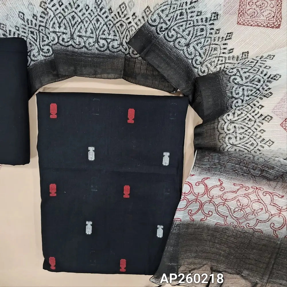 Black handloom cotton unstitched salwar material, thread buttas all over (lining needed)matching drum dyed cotton fabric for lining, NO BOTTOM,hand block printed fancy kota silk cotton dupatta(REQUIRES TAPPING). AP260217