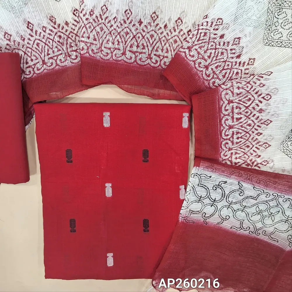 Red handloom cotton unstitched salwar material, thread buttas all over (lining needed)matching drum dyed cotton fabric for lining, NO BOTTOM,hand block printed fancy kota silk cotton dupatta(REQUIRES TAPPING). AP260216
