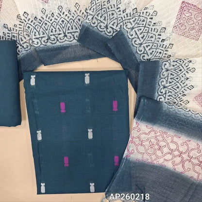 Dark teal blue handloom cotton unstitched salwar material, thread buttas all over (lining needed)matching drum dyed cotton fabric for lining, NO BOTTOM,hand block printed fancy kota silk cotton dupatta(REQUIRES TAPPING). AP260218