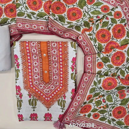 Light beige pure muslin silk unstitched salwar material, hand embroidery and sequins, bead work on yoke,floral printed all over(lining needed)matching spun cotton bottom, digital printed pure muslin silk short width dupatta. AP260308