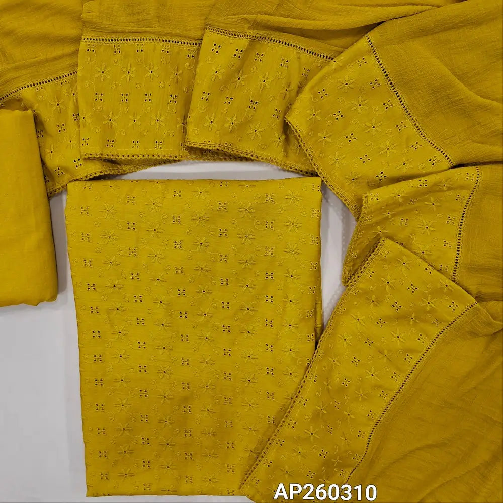 Mehandhi yellow schiffli embroidered soft silk cotton unstitched salwar material(lining needed) cut work on self embroidery allover, matching spun cotton bottom, embroidered schiffli work with chiffon dupatta. AP260310