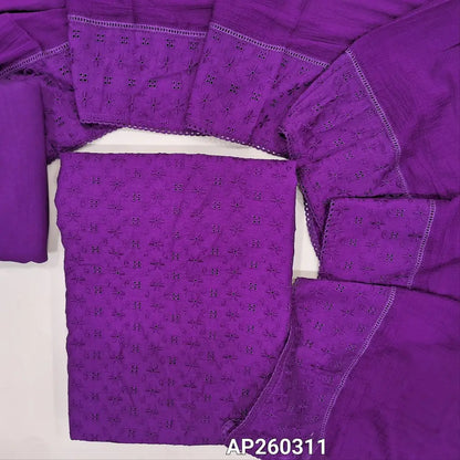 Dark purple schiffli embroidered soft silk cotton unstitched salwar material(lining needed) cut work on self embroidery allover, matching spun cotton bottom, embroidered schiffli work with chiffon dupatta. AP260311