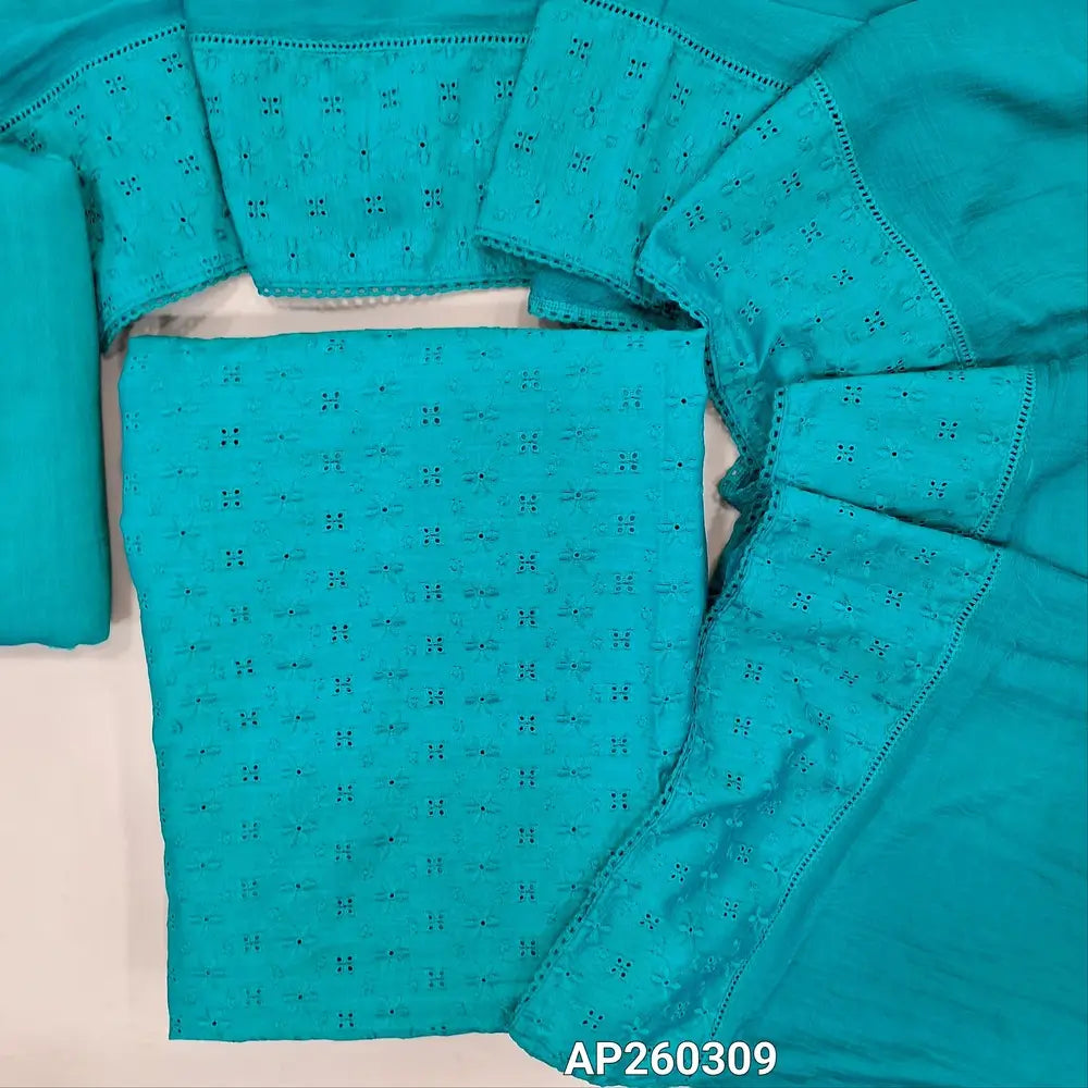 Turquoise blue schiffli embroidered soft silk cotton unstitched salwar material(lining needed) cut work on self embroidery allover, matching spun cotton bottom, embroidered schiffli work with chiffon dupatta. AP260309