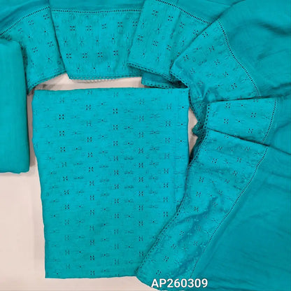 Turquoise blue schiffli embroidered soft silk cotton unstitched salwar material(lining needed) cut work on self embroidery allover, matching spun cotton bottom, embroidered schiffli work with chiffon dupatta. AP260309