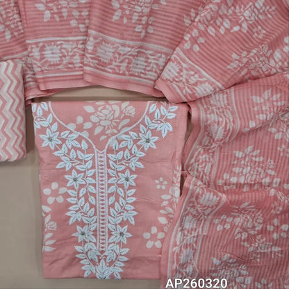 Pastel pink printed soft cotton unstitched salwar material, embroidery work on yoke(lining needed)zigzag printed cotton bottom, printed soft mul cotton dupatta. AP260320