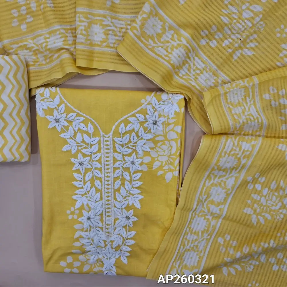 Pastel yellow printed soft cotton unstitched salwar material, embroidery work on yoke(lining needed)zigzag printed cotton bottom, printed soft mul cotton dupatta. AP260321