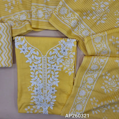 Pastel yellow printed soft cotton unstitched salwar material, embroidery work on yoke(lining needed)zigzag printed cotton bottom, printed soft mul cotton dupatta. AP260321