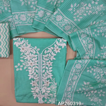 Pastel blue printed soft cotton unstitched salwar material, embroidery work on yoke(lining needed)zigzag printed cotton bottom, printed soft mul cotton dupatta. AP260319