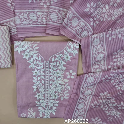 Lavender printed soft cotton unstitched salwar material, embroidery work on yoke(lining needed)zigzag printed cotton bottom, printed soft mul cotton dupatta. AP260322