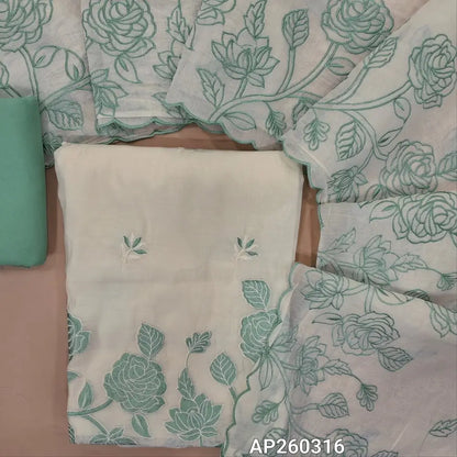 Half white base mul chanderi unstitched salwar material, floral embroidery on front,rich embroidery work on daman,(lining needed)pastel blue spun cotton bottom,floral embroidery on mul chanderi dupatta. AP260316