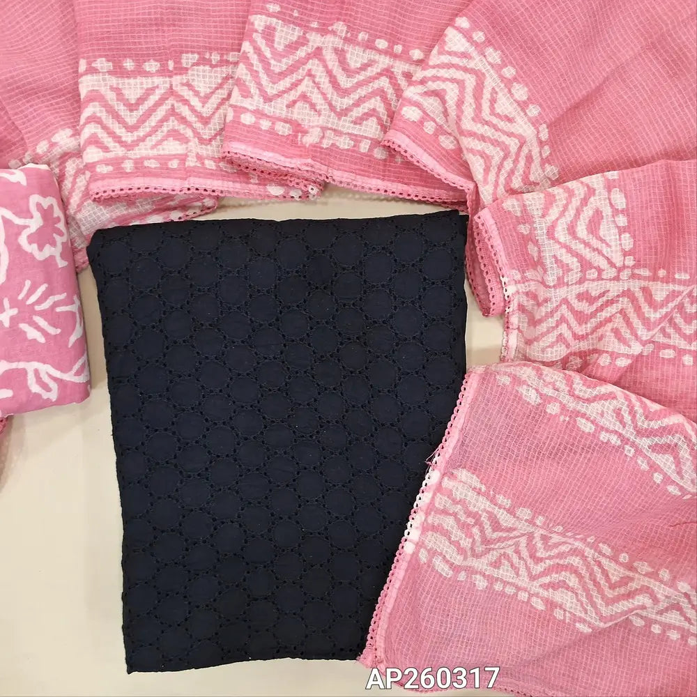 Black schiffli embroidered pure cotton unstitched salwar material(lining needed)pastel pink batik dyed cotton bottom, batik dyed full length kota cotton dupatta with tapping. AP260317
